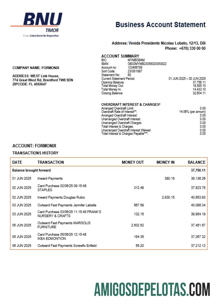 Baixável Timor Leste BNU Firm Checking modelo de extrato de conta Word e PDF